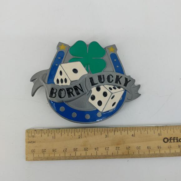 Born Lucky Horseshoe Belt Buckle Dice 4 Leaf Clover Enamel - Picture 5 of 6